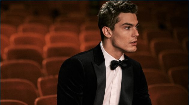 Holiday Dress Code: East Dane Reveals Timely Style Guide The New Year's Eve Event: Model Jacob Hankin wears a Theory tuxedo and shirt with a Salvatore Ferragamo leather belt.
