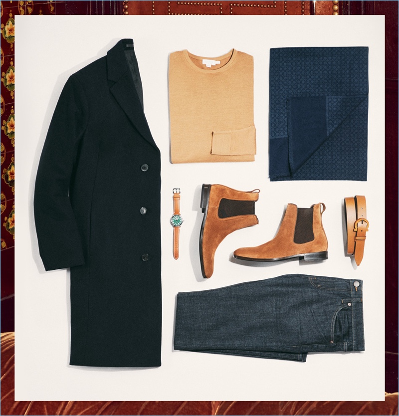 The Cultural Affair: J Brand jeans, Sunspel sweater, Theory topcoat, Shinola watch, Salvatore Ferragamo suede Chelsea boots, scarf, and leather belt.