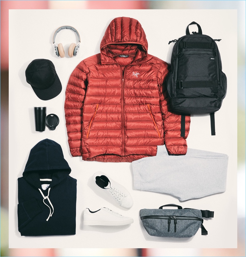 Sunspel track pants, Reigning Champ hoodie, Arc'Teryx Cerium hooded jacket, B&O Play headphones, RVCA backpack, PS by Paul Smith sneakers, MiiR tumbler, Arc'Teryx cap, and Aer sling.