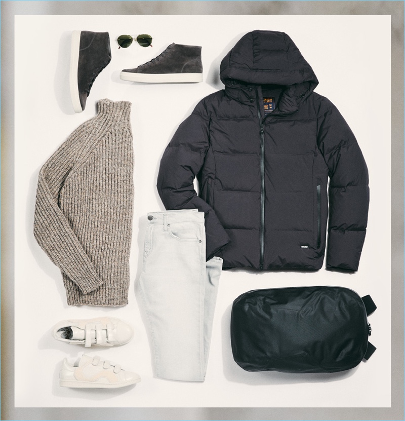 Arc'Teryx backpack, Vince sneakers, Oliver Peoples sunglasses, Adidas by Raf Simons sneakers, De Bonne Facture sweater, J Brand jeans, and Woolrich John Rich & Bros.