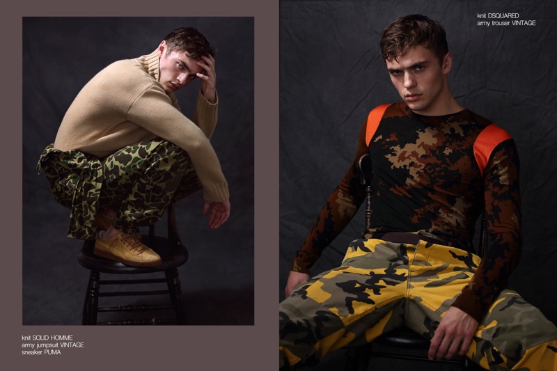 Left: Mitchell wears sweater Solid Homme, vintage army jumpsuit, and sneakers Puma. Right: Mitchell wears sweater Dsquared2 and vintage army pants.