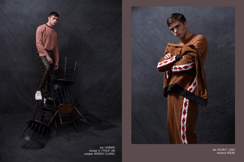 Fashionisto Exclusive 2017 Mitchell Parry 003 Left: Mitchell wears top Lemaire, trousers 3.1 Phillip Lim, and sneakers Reebok Classic. Right: Mitchell wears tee Helmut Lang and tracksuit MSGM.