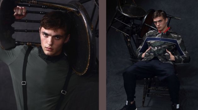 Mitchell Parry in 'The Last Heroes' Left: Mitchell wears shirt, tee, and trousers Helmut Lang. Right: Mitchell wears jacket Valentino, trousers Y by Yohji Yamamoto, and shoes Rick Owens x Adidas.