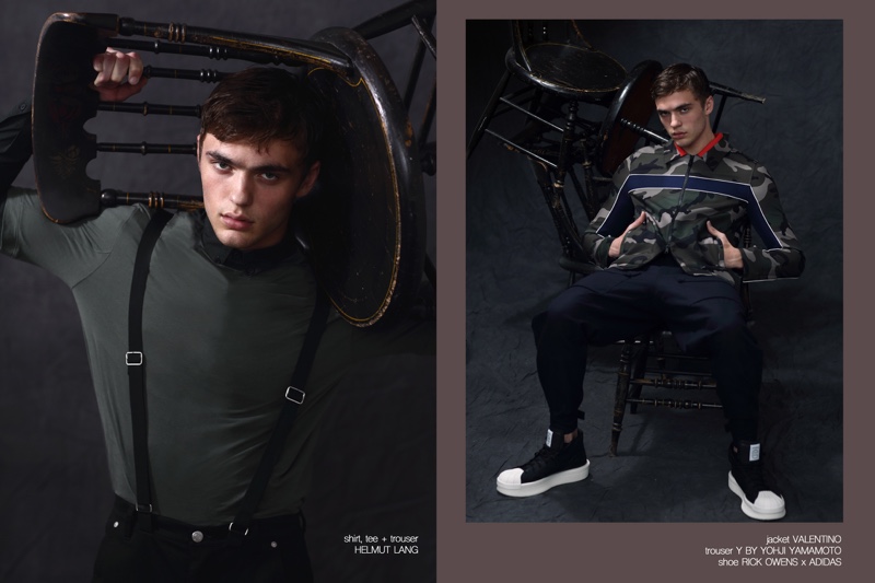 Fashionisto Exclusive 2017 Mitchell Parry 004 Left: Mitchell wears shirt, tee, and trousers Helmut Lang. Right: Mitchell wears jacket Valentino, trousers Y by Yohji Yamamoto, and shoes Rick Owens x Adidas.