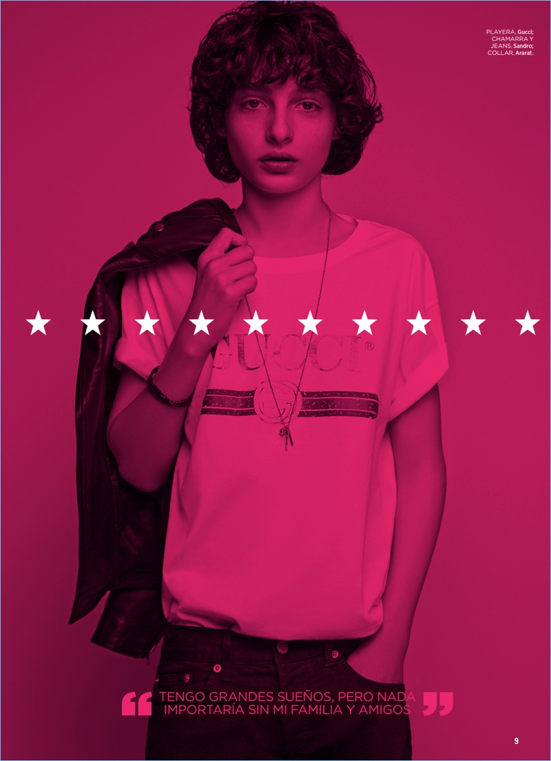 Connecting with Seventeen México, Finn Wolfhard wears a Gucci t-shirt with a jacket and jeans by Sandro.