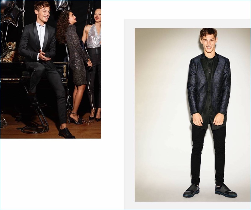 Left: Kit Butler wears a H&M wool tuxedo jacket with trousers and dress shoes. Right: The English model dons a print tuxedo jacket with skinny jeans, a Conscious shirt, and dress shoes.