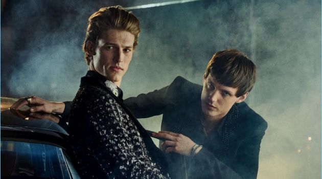 Night Vision: Theo Neilson & Joel Meacock Go Formal for Harrods Magazine From left: BILLIONAIRE jacket £1,998; ALEXANDER McQUEEN shirt £565 and trousers £725; SAINT LAURENT BY ANTHONY VACCARELLO tuxedo £2,475, shirt £390 and jeans £300; STEPHEN WEBSTER ring £2,400; TATEOSSIAN bracelets £165 (left) and £250