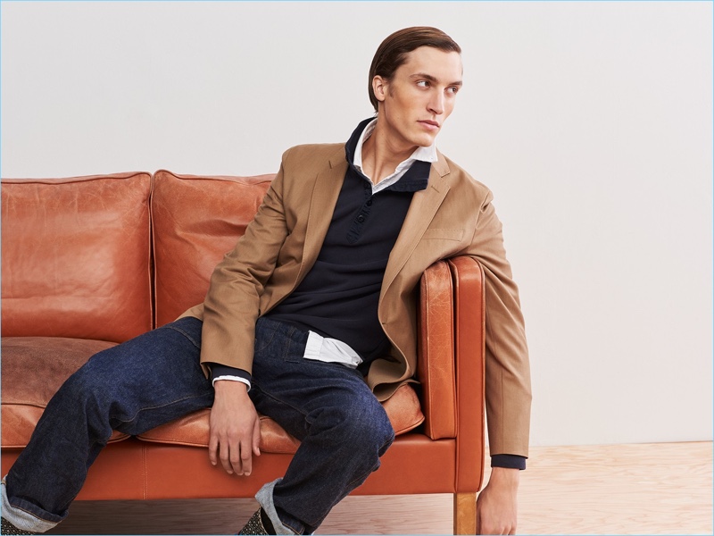 1. Relaxed Tailoring: J.Crew makes a case for its wool unstructured blazer. Model Tim Dibble layers it with a polo and oxford shirt. He also wears Wallace & Barnes jeans and Adidas Stan Smith sneakers.