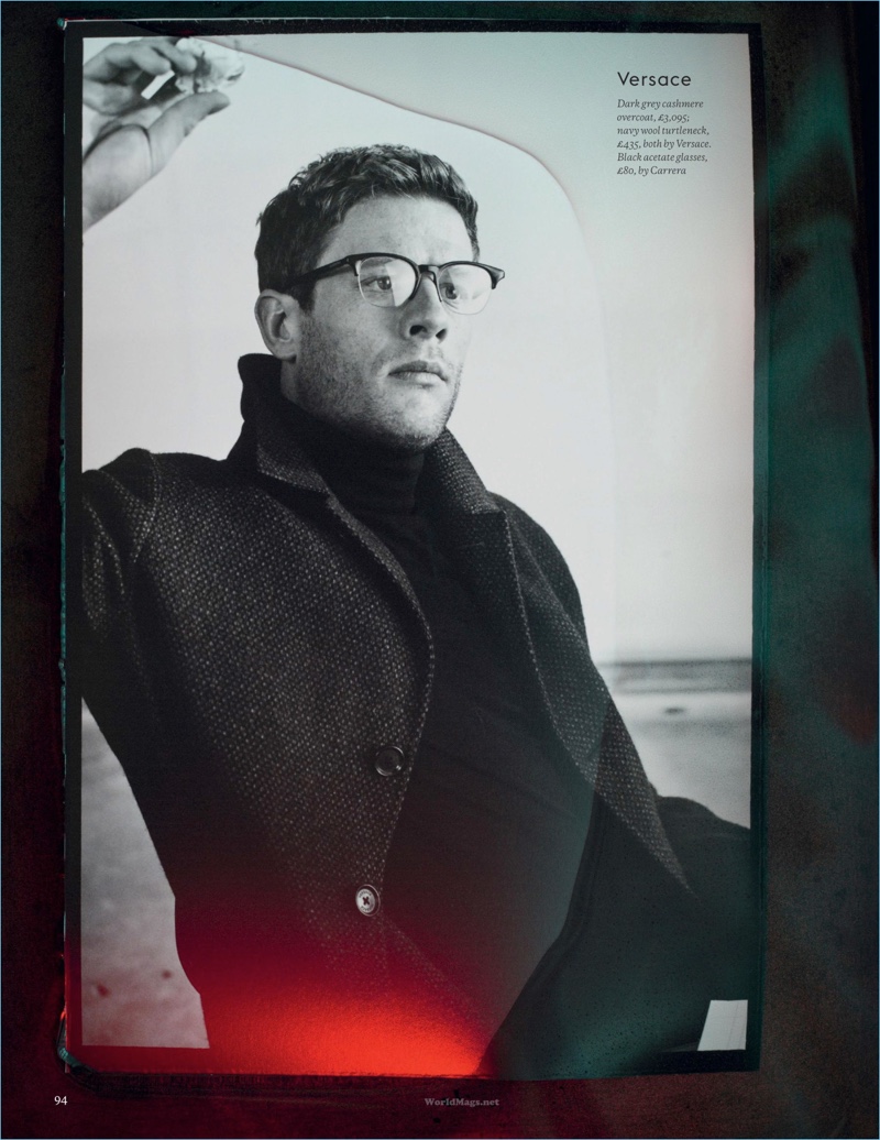 A smart vision in glasses, James Norton wears Versace.