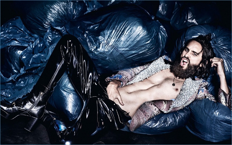 Posing for a provocative photo, Jared Leto wears Gucci. » Jared Leto Covers Man About Town, Rocks Glam Gucci Fashions Posing for a provocative photo, Jared Leto wears Gucci.
