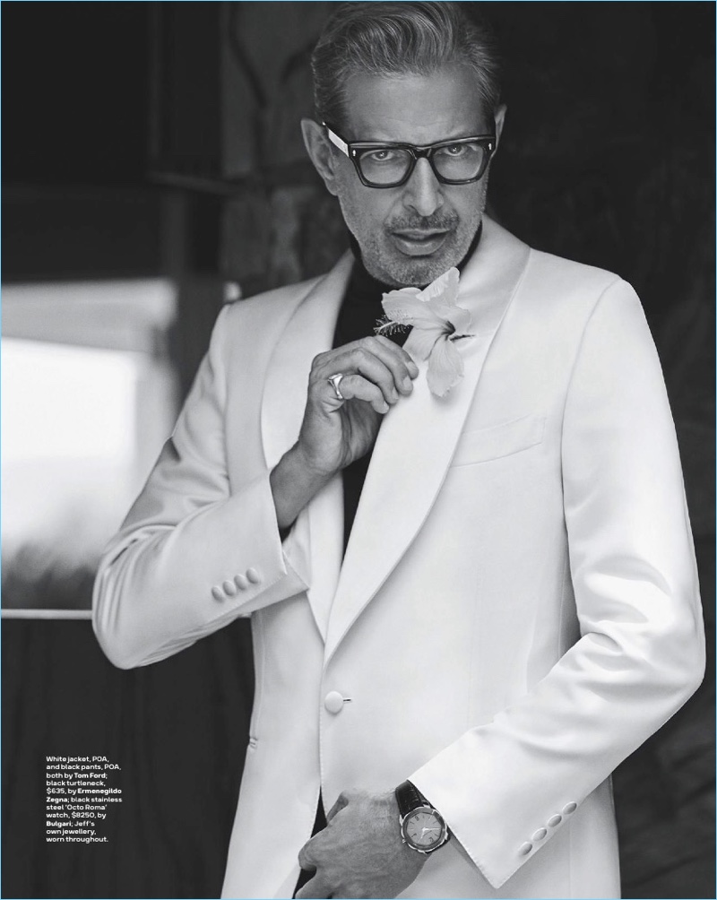 Dressed to impress, Jeff Goldblum wears a white jacket and pants by Tom Ford. Goldblum also rocks an Ermenegildo Zegna turtleneck. » Jeff Goldblum Covers GQ Australia, Talks About Aging in Hollywood Dressed to impress, Jeff Goldblum wears a white jacket and pants by Tom Ford. Goldblum also rocks an Ermenegildo Zegna turtleneck.