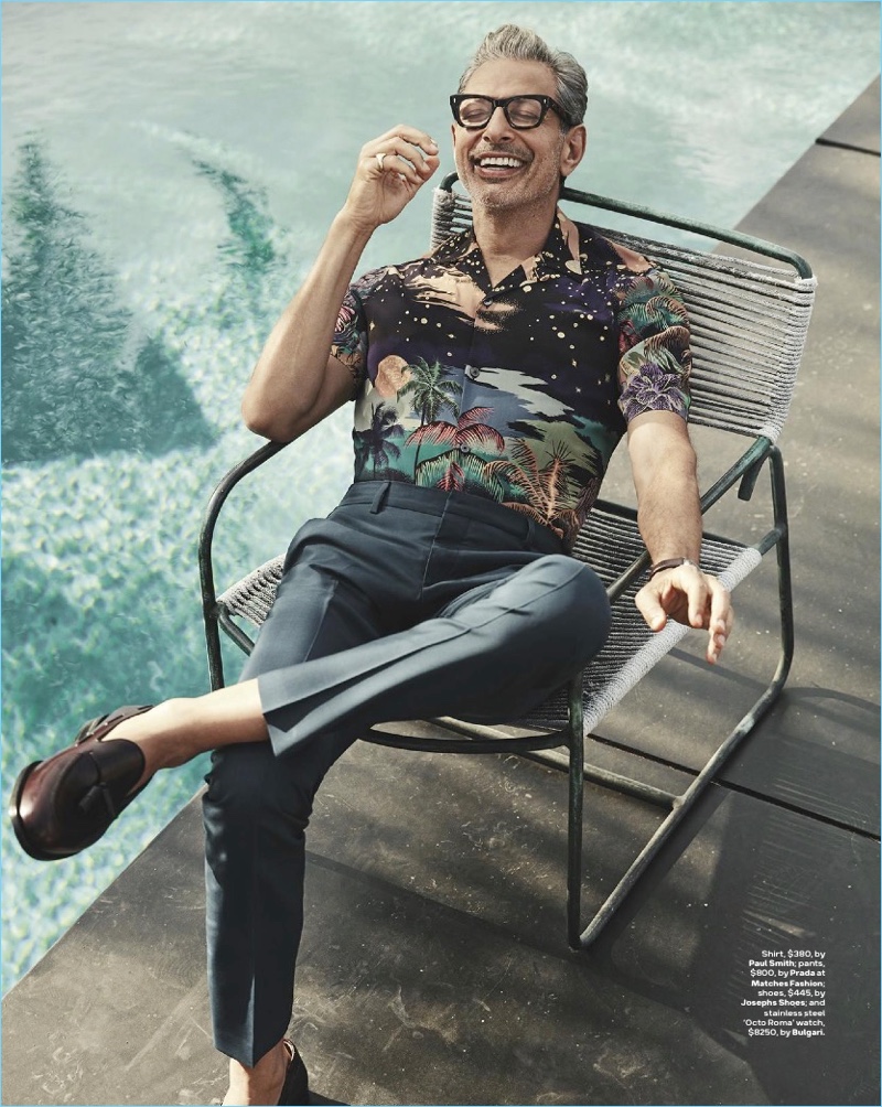 Relaxing poolside, Jeff Goldblum wears a Paul Smith shirt with Prada pants, a Josephs Shoes footwear. » Jeff Goldblum Covers GQ Australia, Talks About Aging in Hollywood Relaxing poolside, Jeff Goldblum wears a Paul Smith shirt with Prada pants, a Josephs Shoes footwear.