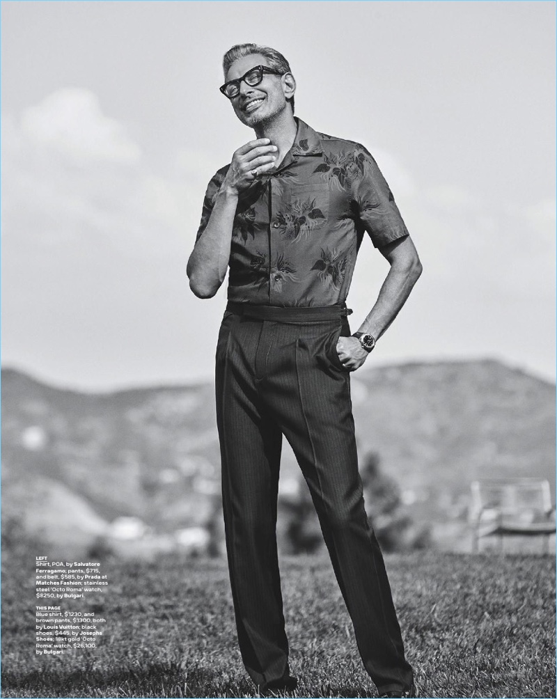 A svelte vision, Jeff Goldblum dons a look from Louis Vuitton with Josephs Shoes footwear.