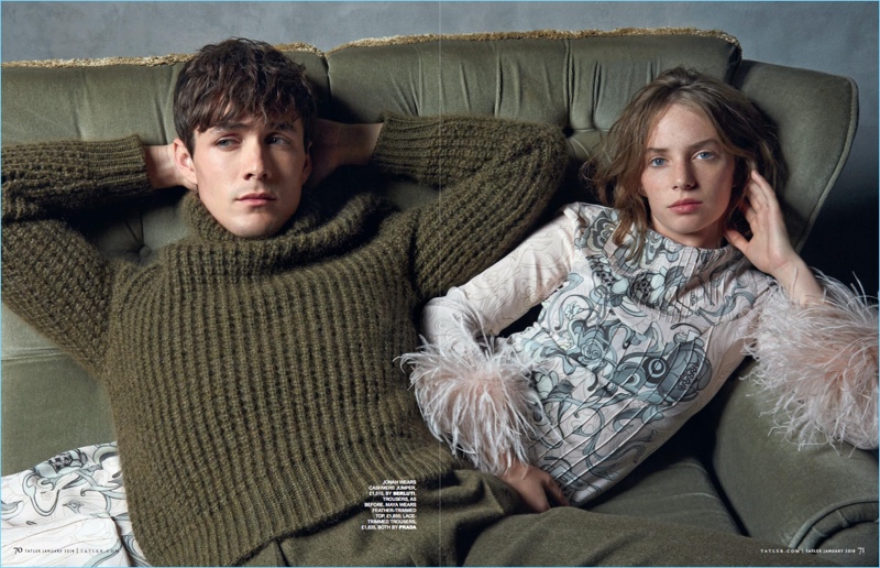 Relaxing, Jonah Hauer-King and Maya Hawke star in a Tatler UK spread. Jonah wears a Berluti sweater with Ralph Lauren Purple Label trousers.