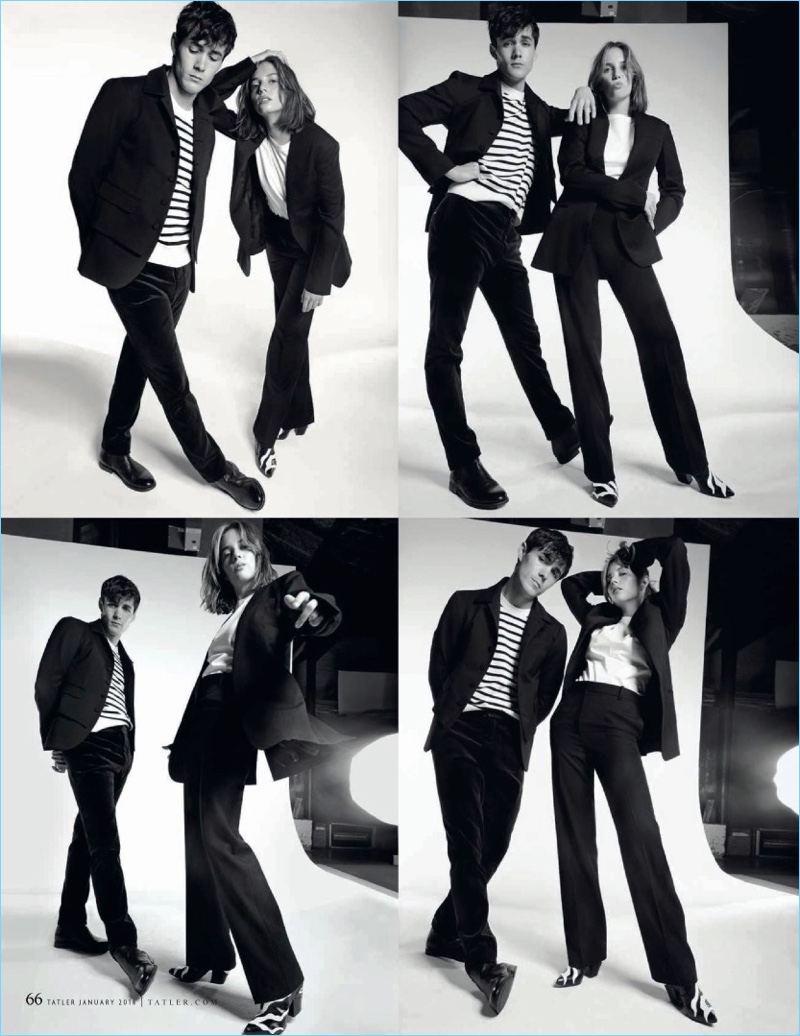 Little Women actors Jonah Hauer-King and Maya Hawke star in a photo shoot for Tatler UK. Hauer-King wears a Dsquared2 blazer with an Arket sweater. He also dons velvet trousers from Berluti with Ralph Lauren boots.