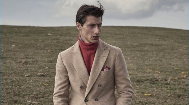 Jonas Mason for Brunello Cucinelli Fall 2017 Campaign Jonas Mason dons a double-breasted coat for Brunello Cucinelli's fall-winter 2017 campaign.