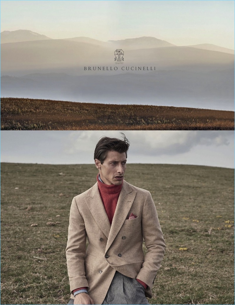 Jonas Mason dons a double-breasted coat for Brunello Cucinelli's fall-winter 2017 campaign.