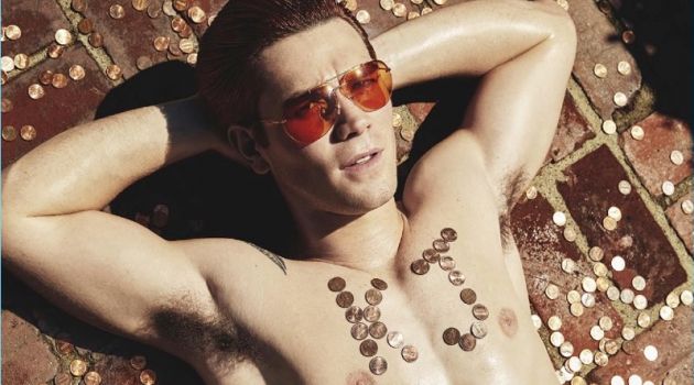 KJ Apa Stars in GQ Australia Shoot, Talks Hitting the Gym Relaxing, KJ Apa wears BOSS pants with World Corp x Carrera sunglasses.