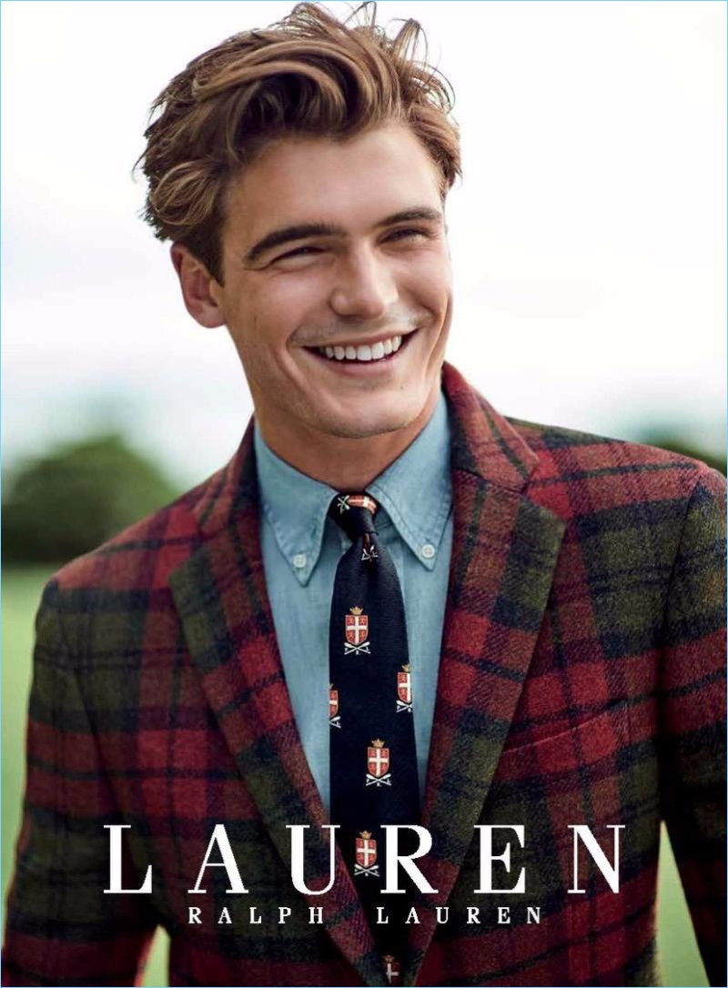 Garrett Taber wears a red and green sport coat from Lauren by Ralph Lauren.