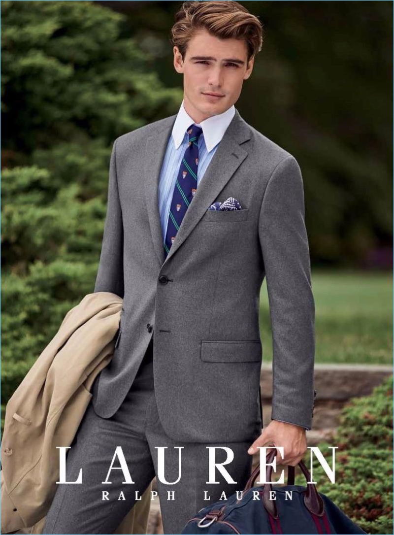 Suiting up in grey, Garrett Taber connects with Lauren by Ralph Lauren.