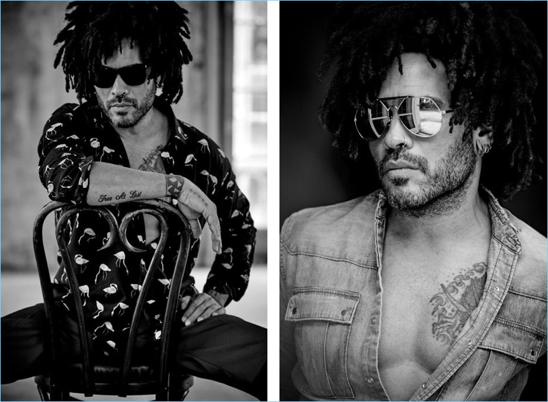 Left: Lenny Kravitz wears Saint Laurent sunglasses and a flamingo print shirt with Valentino corduroy trousers. Right: Kravitz rocks a Balmain denim shirt with Saint Laurent aviator sunglasses.