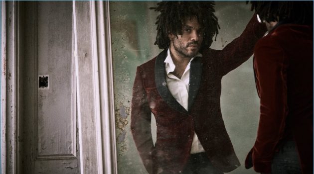 Lenny Kravitz Poses for Mr Porter, Talks Colin Kaepernick Lenny Kravitz sports a red Berluti velvet tuxedo jacket, Caruso shirt, and Balmain biker jeans.