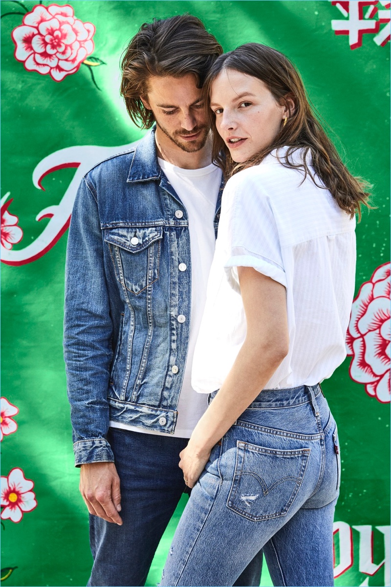 English model Jeremy Young pictured with his wife Sara Blomqvist for Levi's.