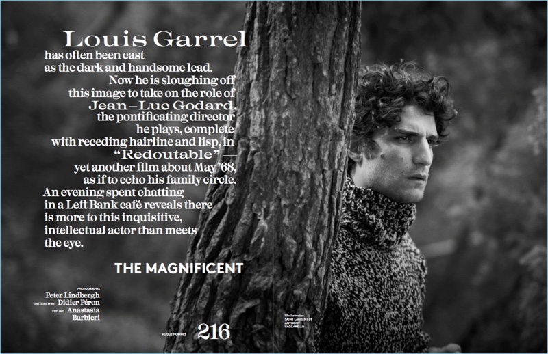Louis Garrel wears a Saint Laurent sweater for Vogue Hommes Paris.