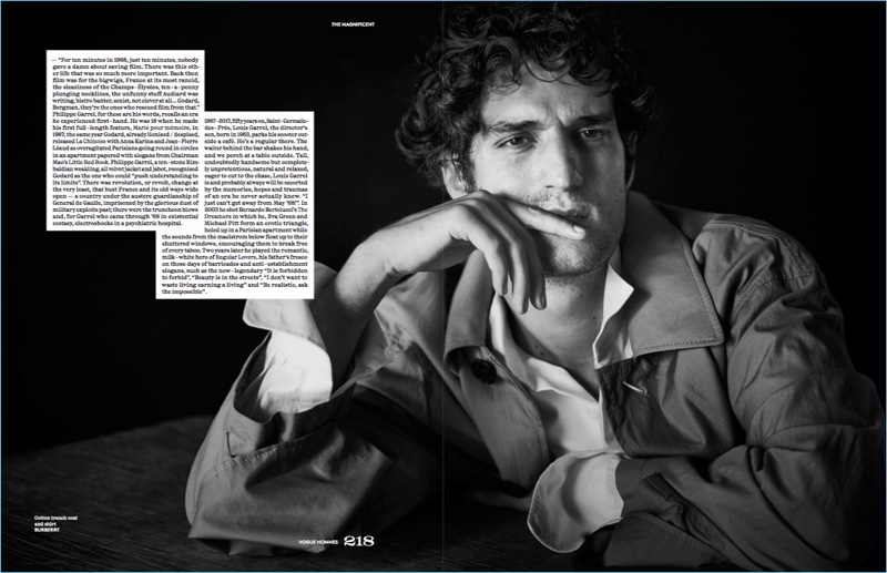 French actor Louis Garrel dons a shirt and trench coat by Burberry. » Louis Garrel Connects with Vogue Hommes Paris, Talks 'Redoutable' French actor Louis Garrel dons a shirt and trench coat by Burberry.
