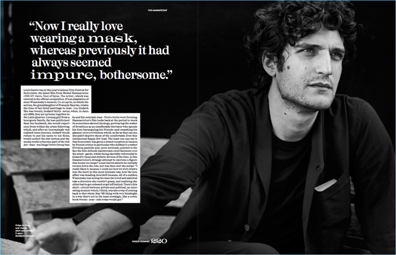 Connecting with Vogue Hommes Paris, Louis Garrel wears a look from Giorgio Armani.