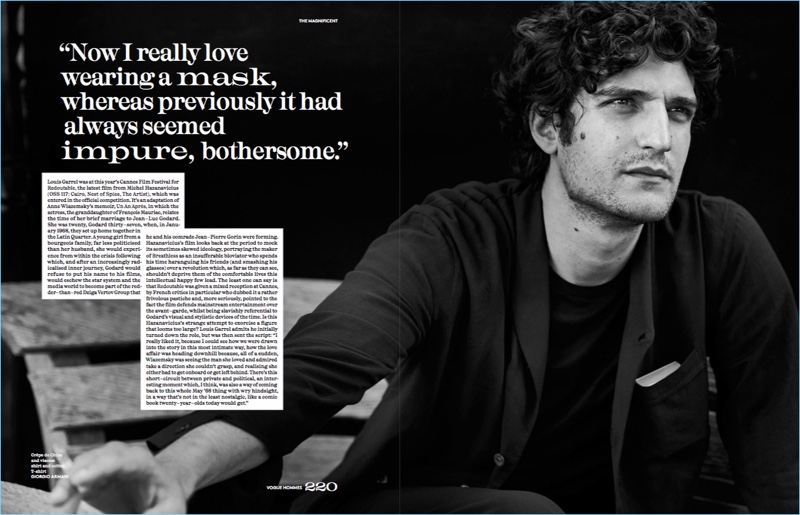 Connecting with Vogue Hommes Paris, Louis Garrel wears a look from Giorgio Armani. » Louis Garrel Connects with Vogue Hommes Paris, Talks 'Redoutable' Connecting with Vogue Hommes Paris, Louis Garrel wears a look from Giorgio Armani.