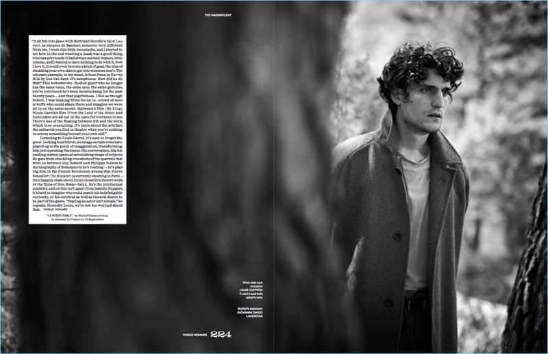 Peter Lindbergh photographs Louis Garrel in a wool coat and trousers by Louis Vuitton.