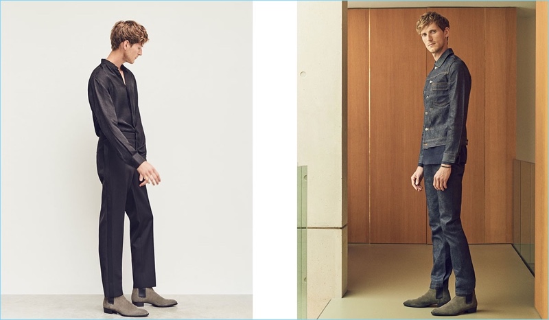 Left: Bastiaan Ninaber wears a shirt, tuxedo trousers, and Chelsea boots by Saint Laurent. Right: Bastiaan models a denim jacket and jeans by A.P.C. with a Lemaire shirt. He also rocks Saint Laurent boots.