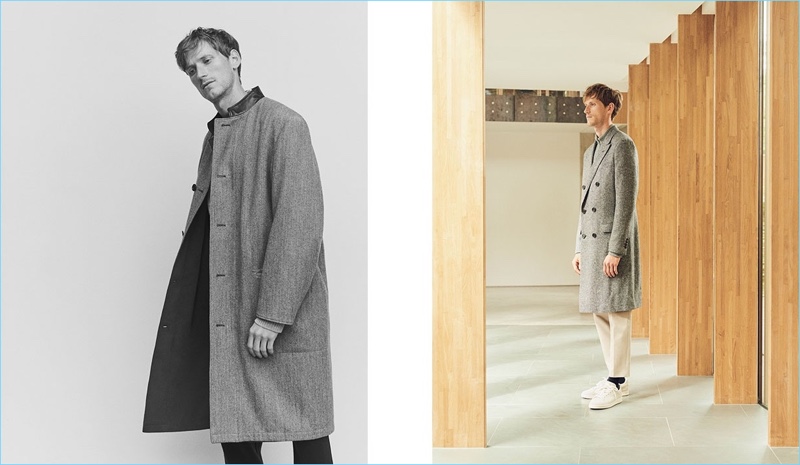 Left: Bastiaan Ninaber sports a Lemaire coat with Boglioli trousers. Right: Bastiaan dons a Lanvin double-breasted coat with a Moncler sweater, De Bonne Facture trousers, and Adidas Originals Stan Smith sneakers.