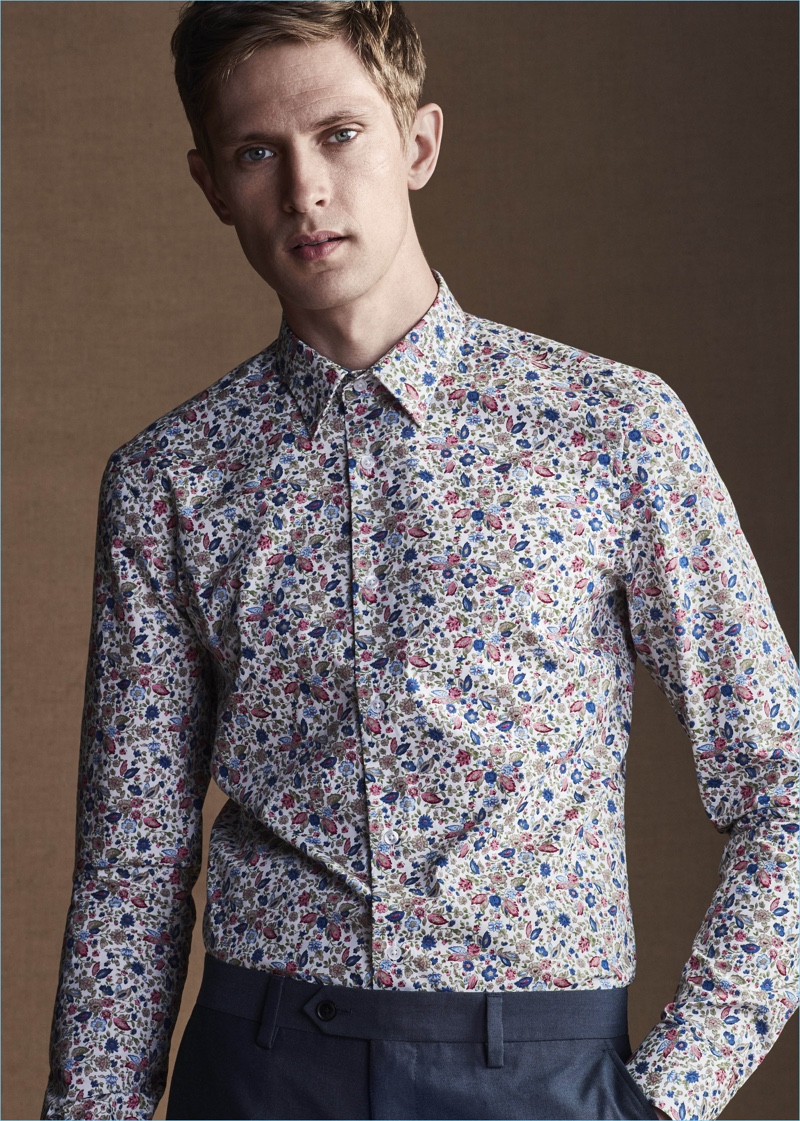 Danish model Mathias Lauridsen wears a print dress shirt from Next.