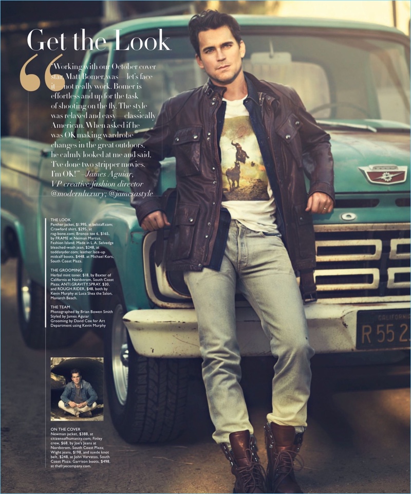 Sporting a Belstaff leather jacket, Matt Bomer also wears a Rag & Bone shirt, Frame t-shirt, Todd Snyder jeans, and Michael Kors boots.