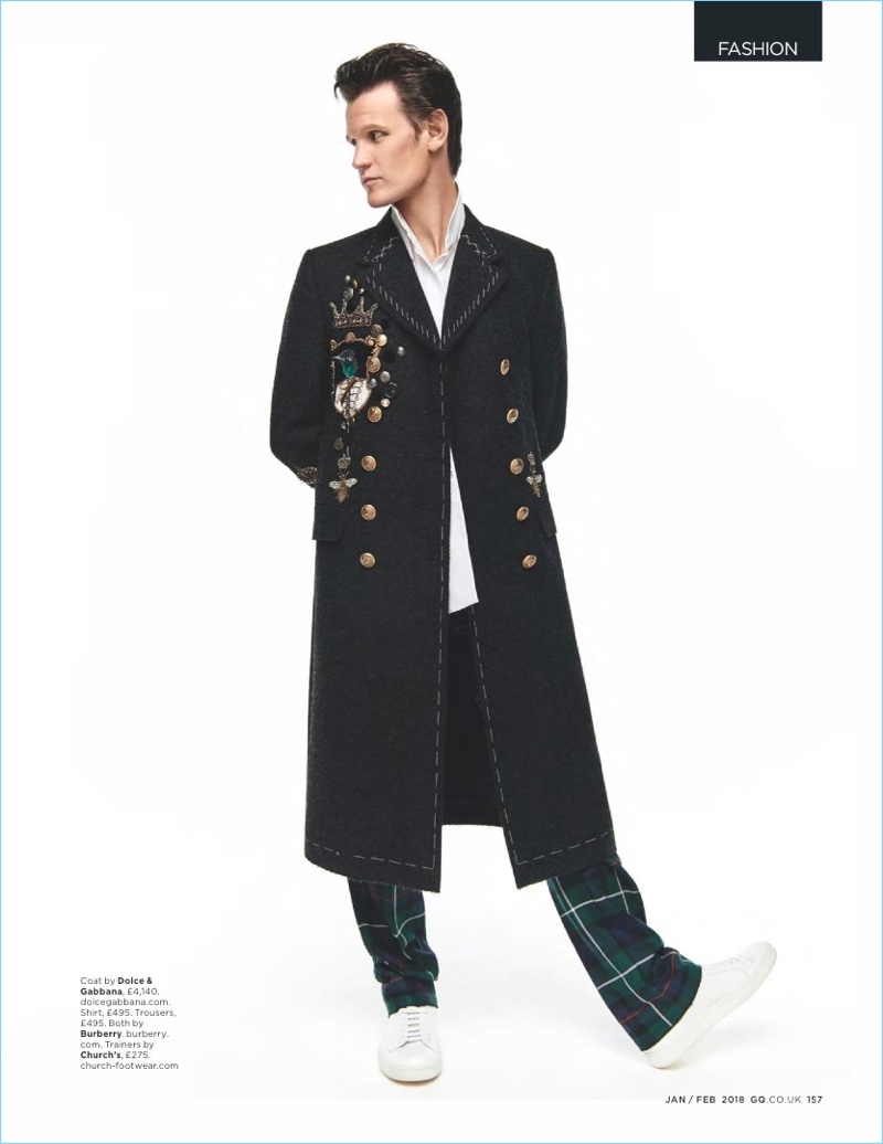 English actor Matt Smith wears a Dolce & Gabbana coat with a shirt and trousers by Burberry. Smith also rocks Church's sneakers.