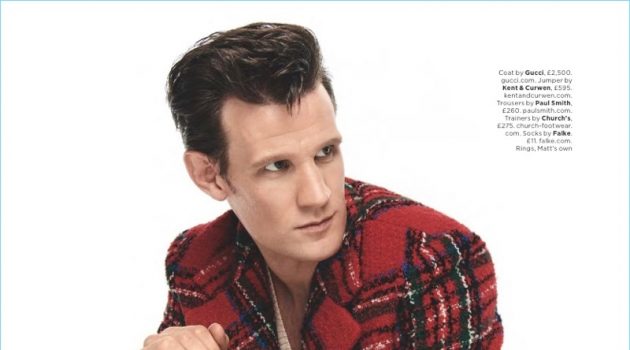 Clash of the Tartans: Matt Smith Inspires in British GQ Shoot Starring in a British GQ photo shoot, Matt Smith wears a Gucci coat with a Kent & Curwen sweater. Smith also dons Paul Smith trousers and Church's sneakers.