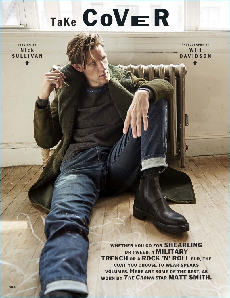 Matt Smith stars in an Esquire photo shoot. He wears a coat and sweater by Bottega Veneta. Smith also sports Joe's Jeans and Hermès boots.