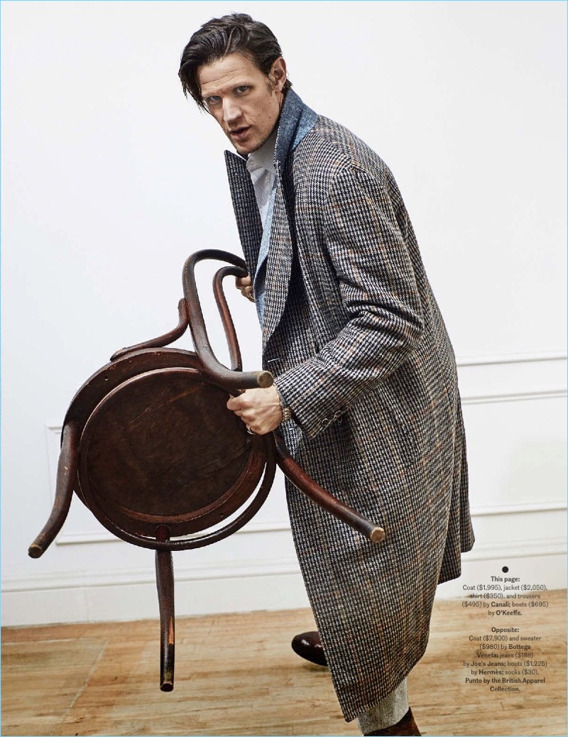 Actor Matt Smith dons a coat, jacket, shirt, and trousers by Canali with O'Keeffe boots.