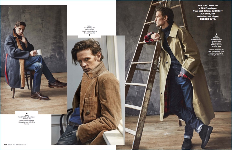 Left to Right: Matt Smith wears a Gucci coat with AG jeans, a Hermès scarf, and Heinrich Dinkelacker shoes. Smith sports a coat, shirt, trousers, and belt by Brunello Cucinelli. The English actor rocks a Burberry coat with an Oliver Spencer sweater, AG jeans, and Tod's boots.