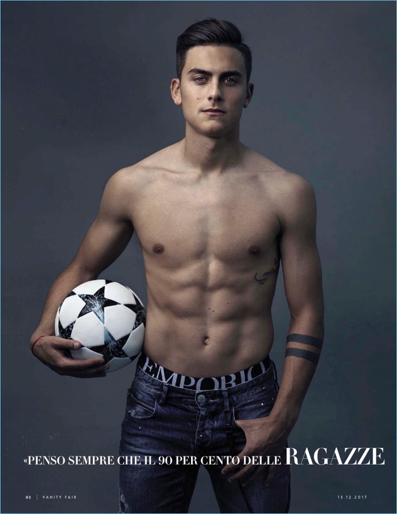 Appearing in a photo shoot for Vanity Fair Italia, Paulo Dybala poses for a shirtless photo.
