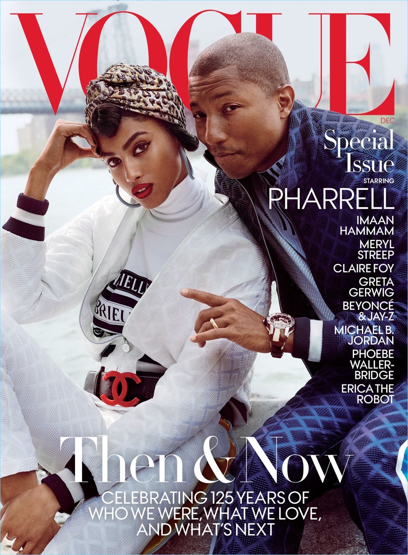 Imaan Hammam and Pharrell cover a special December issue of Vogue.