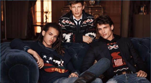 Models Don Lee, Jordan Paris, and Simon Nessman front Ralph Lauren's holiday 2017 campaign.