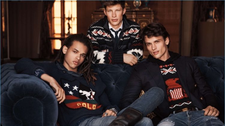 Models Don Lee, Jordan Paris, and Simon Nessman front Ralph Lauren's holiday 2017 campaign.