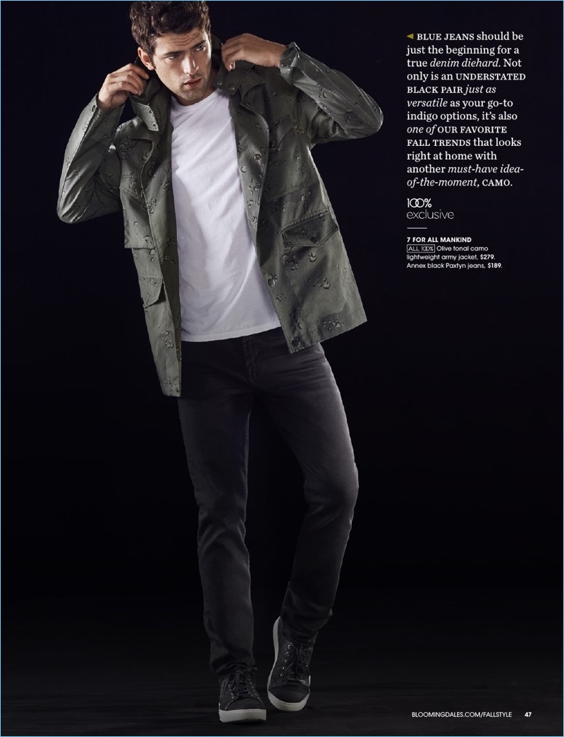 Embracing a casual look, Sean O'Pry wears a 7 For All Mankind army jacket and jeans.