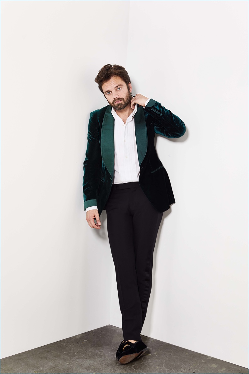 Making a case for green, Sebastian Stan wears a tuxedo look by Tom Ford.