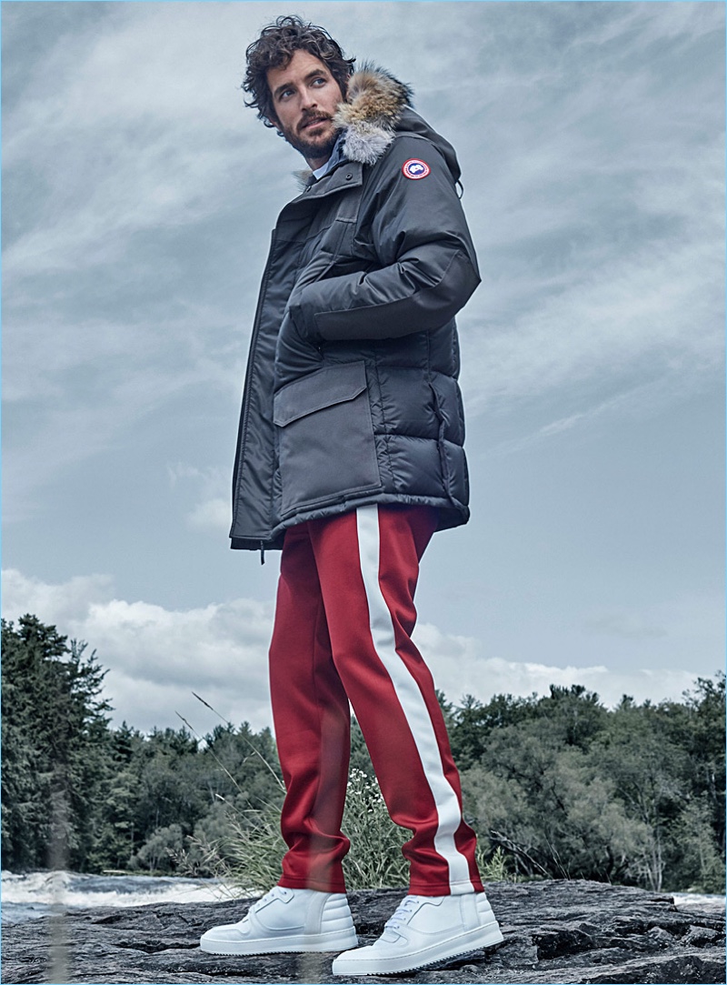 Canada Goose shines with its Callaghan parka. Here, Justice wears it with LE 31 retro sports joggers and Filling Pieces high-top sneakers.