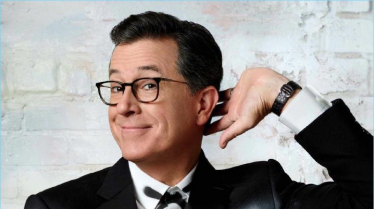 Hamming it up for the camera, Stephen Colbert wears a tuxedo by Ralph Lauren.