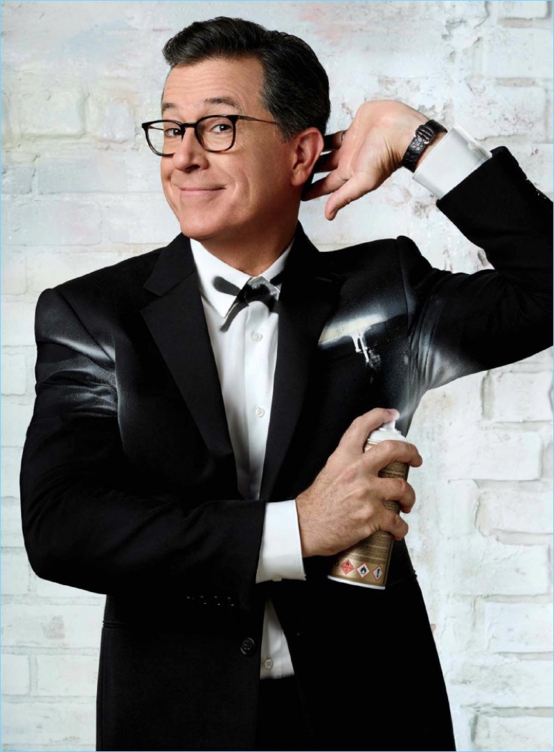 Hamming it up for the camera, Stephen Colbert wears a tuxedo by Ralph Lauren.